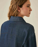 Womens Shirt Oversize Long Sleeve Lyocell Dark Wash Fluid Drape Hidden Placket - Blue 63_411H700_AZU184028_7