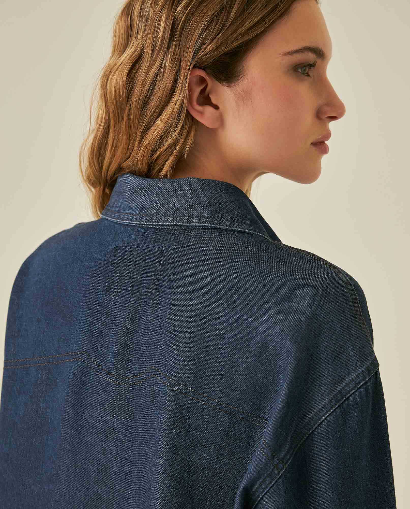 Womens Shirt Oversize Long Sleeve Lyocell Dark Wash Fluid Drape Hidden Placket - Blue 63_411H700_AZU184028_7