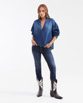 Women's Oversized Dark Wash Denim Shirt with Mandarin Collar in Non-Stretch Cotton - 2