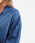Women's Oversized Dark Wash Denim Shirt with Mandarin Collar in Non-Stretch Cotton - 4