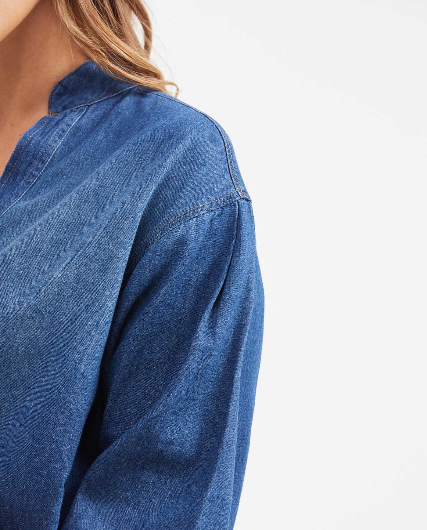 Women's Oversized Dark Wash Denim Shirt with Mandarin Collar in Non-Stretch Cotton - 4