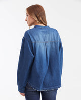 Women's Oversized Dark Wash Denim Shirt with Mandarin Collar in Non-Stretch Cotton - 5