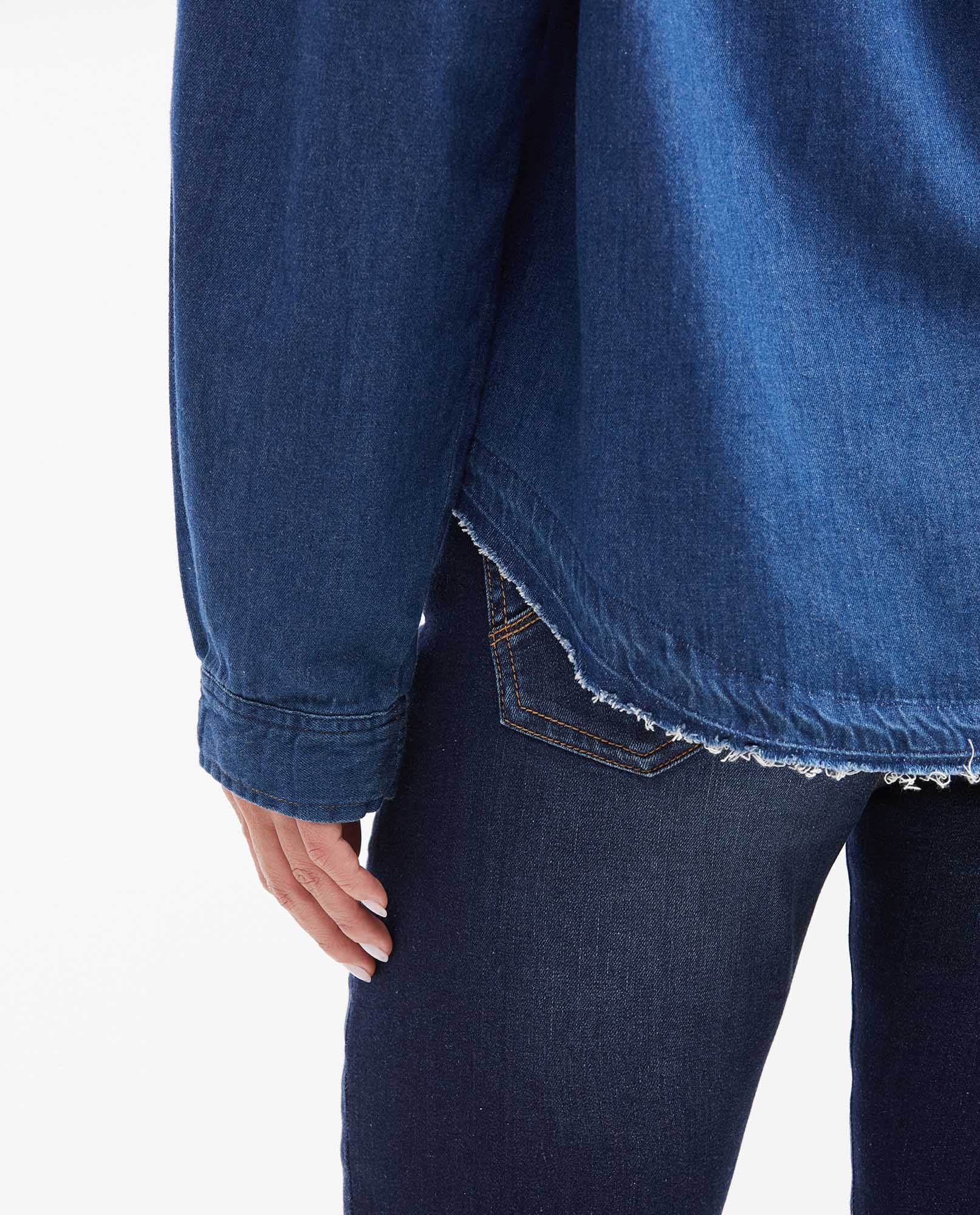 Women's Oversized Dark Wash Denim Shirt with Mandarin Collar in Non-Stretch Cotton - 7