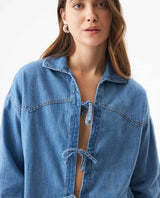Women's Tie-Front Long Sleeve Denim Shirt in Cotton - 4
