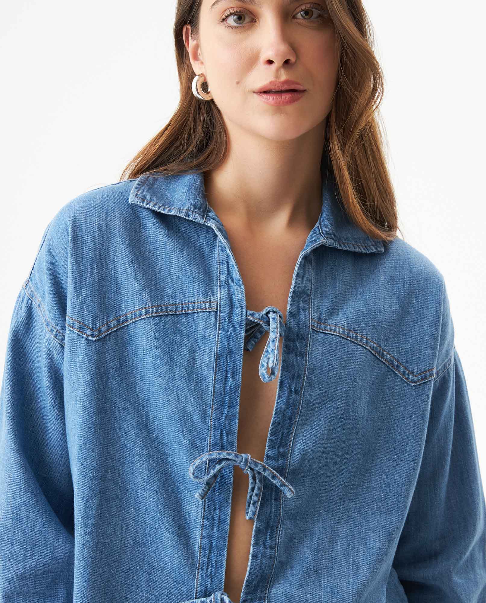 Women's Tie-Front Long Sleeve Denim Shirt in Cotton - 4