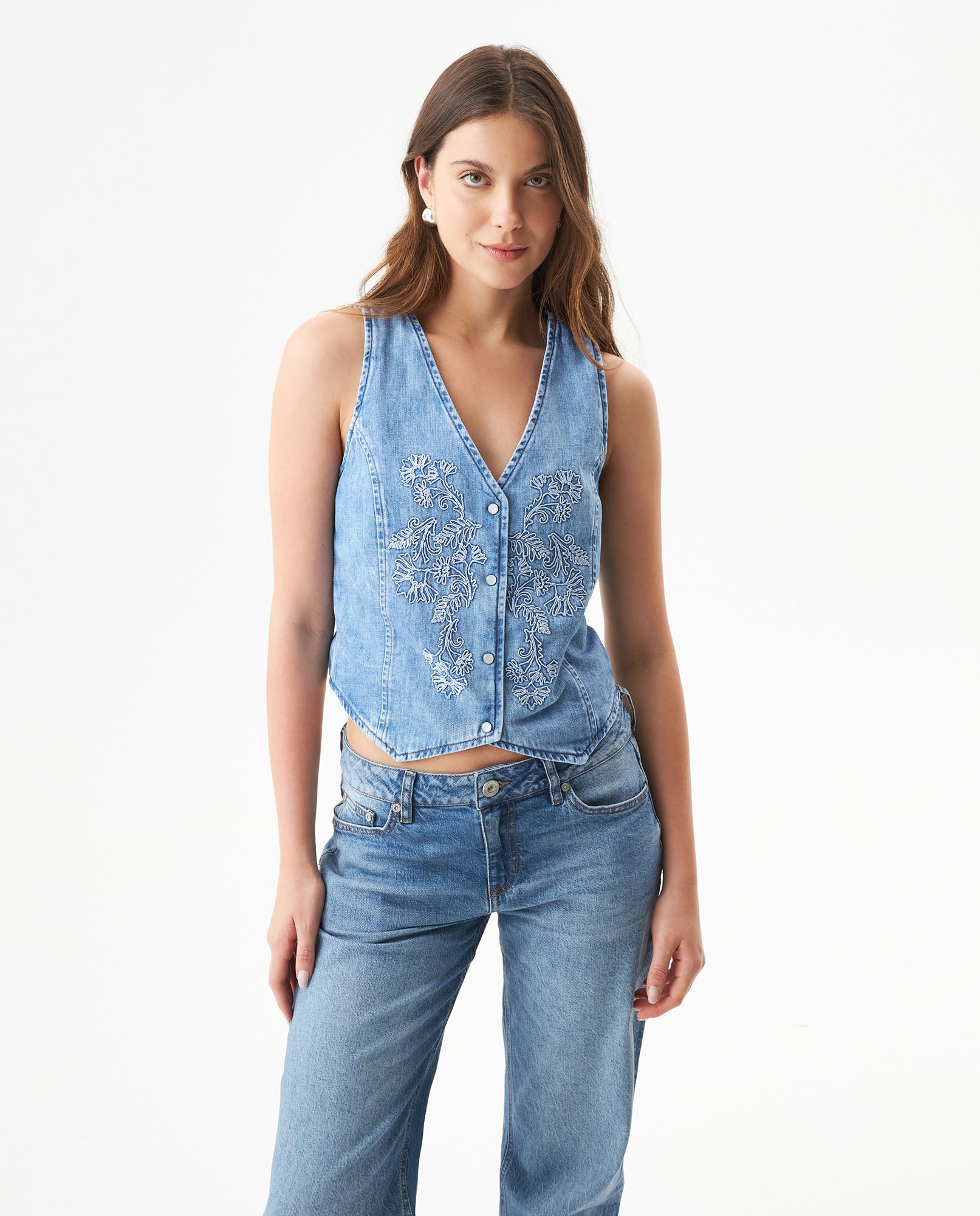 Denim V-Neck Vest-Style Shirt for Women - Blue 419G001 - 1