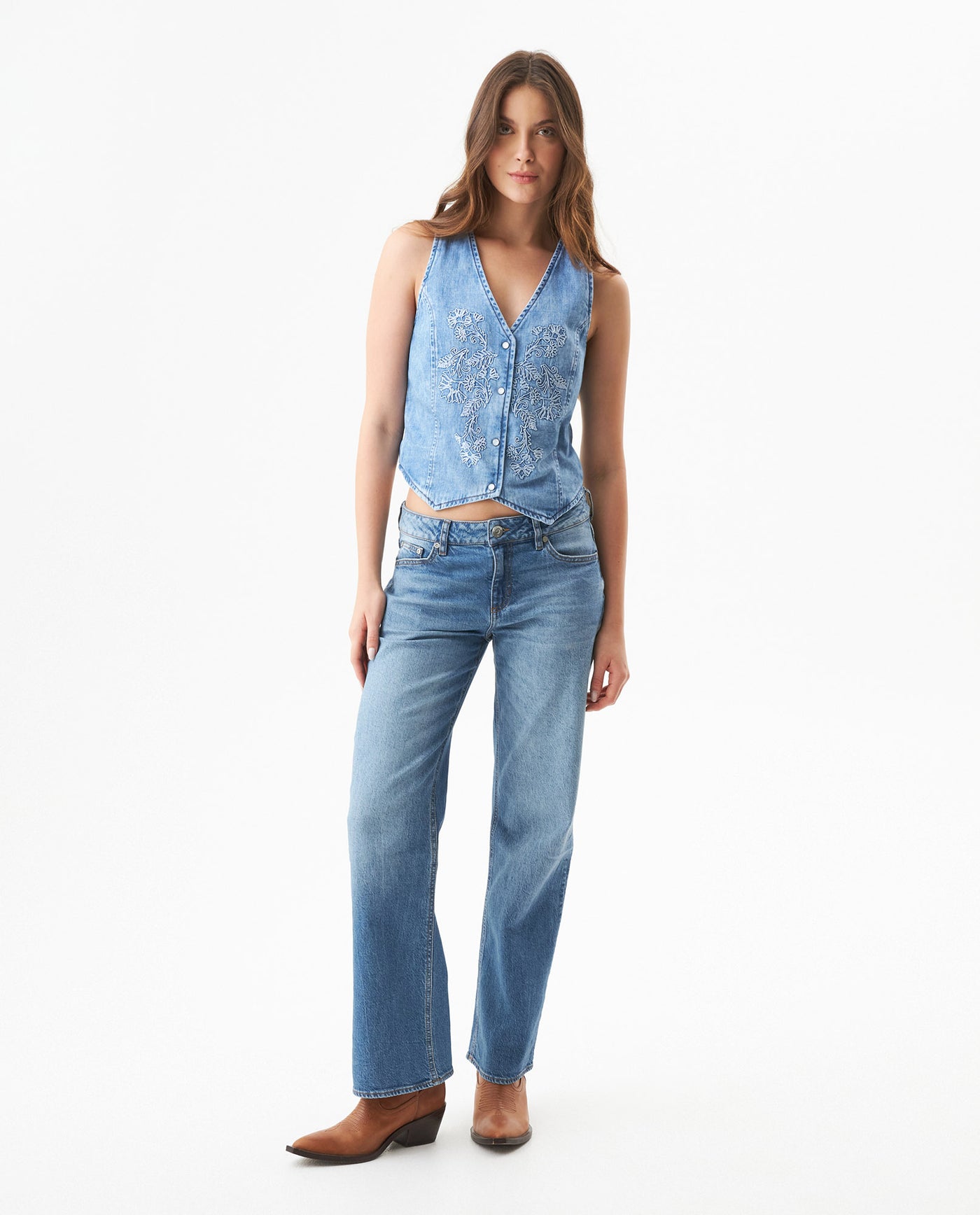 Denim V-Neck Vest-Style Shirt for Women - Blue 419G001 - 3