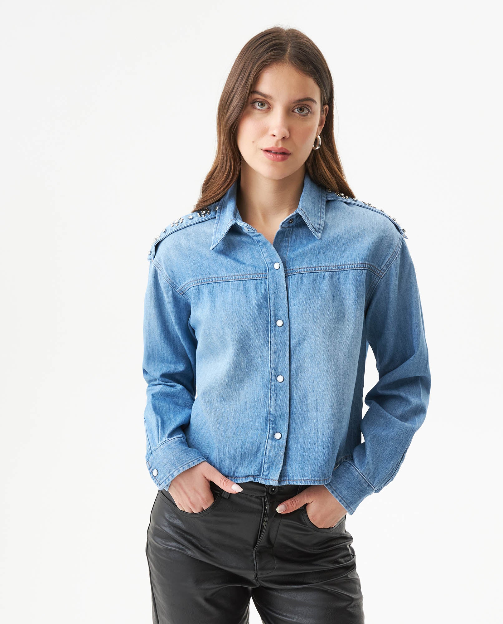 Women's Shoulder Strap Long Sleeve Denim Shirt in Cotton 419G002 - 1