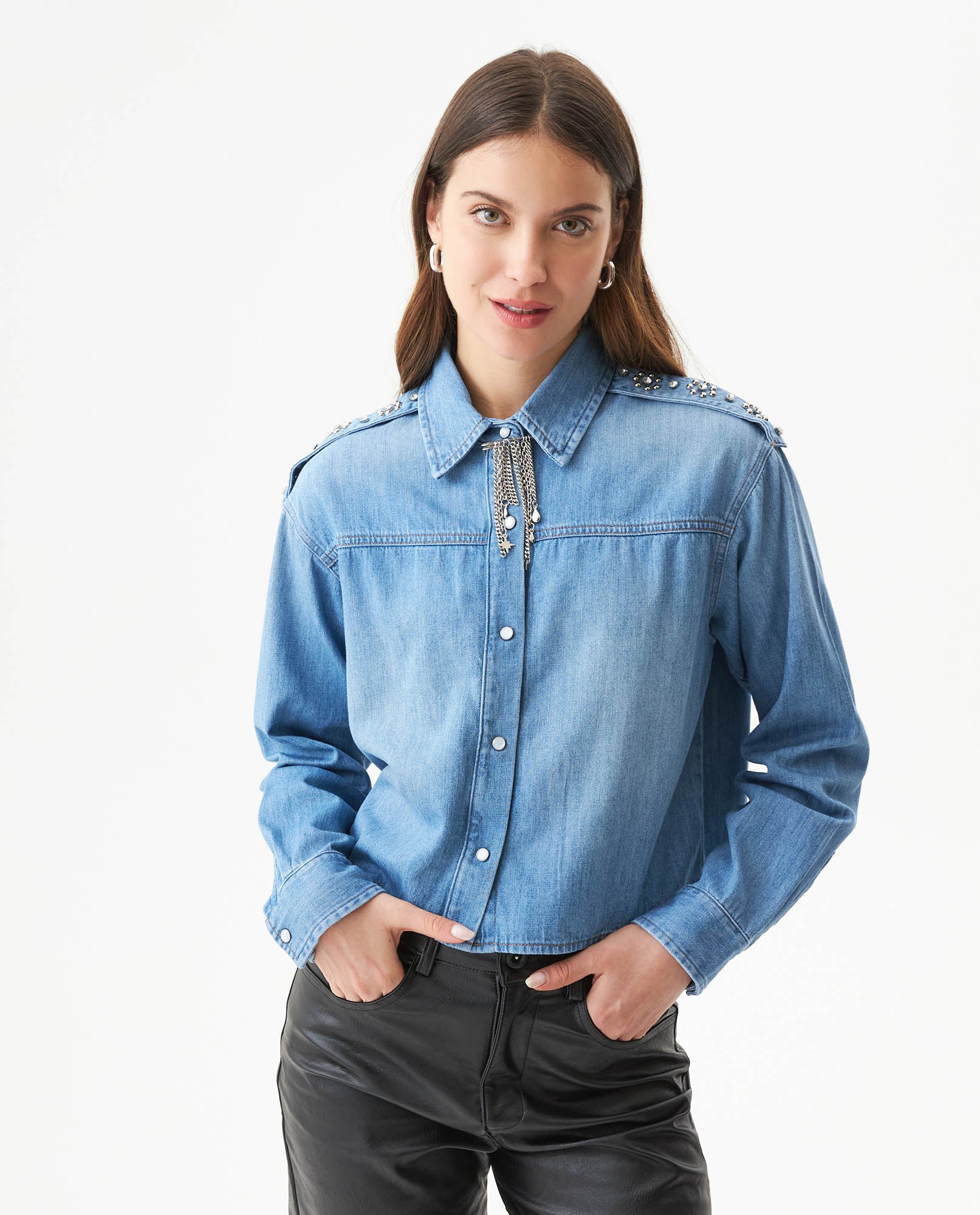 Women's Shoulder Strap Long Sleeve Denim Shirt in Cotton 419G002 - 3