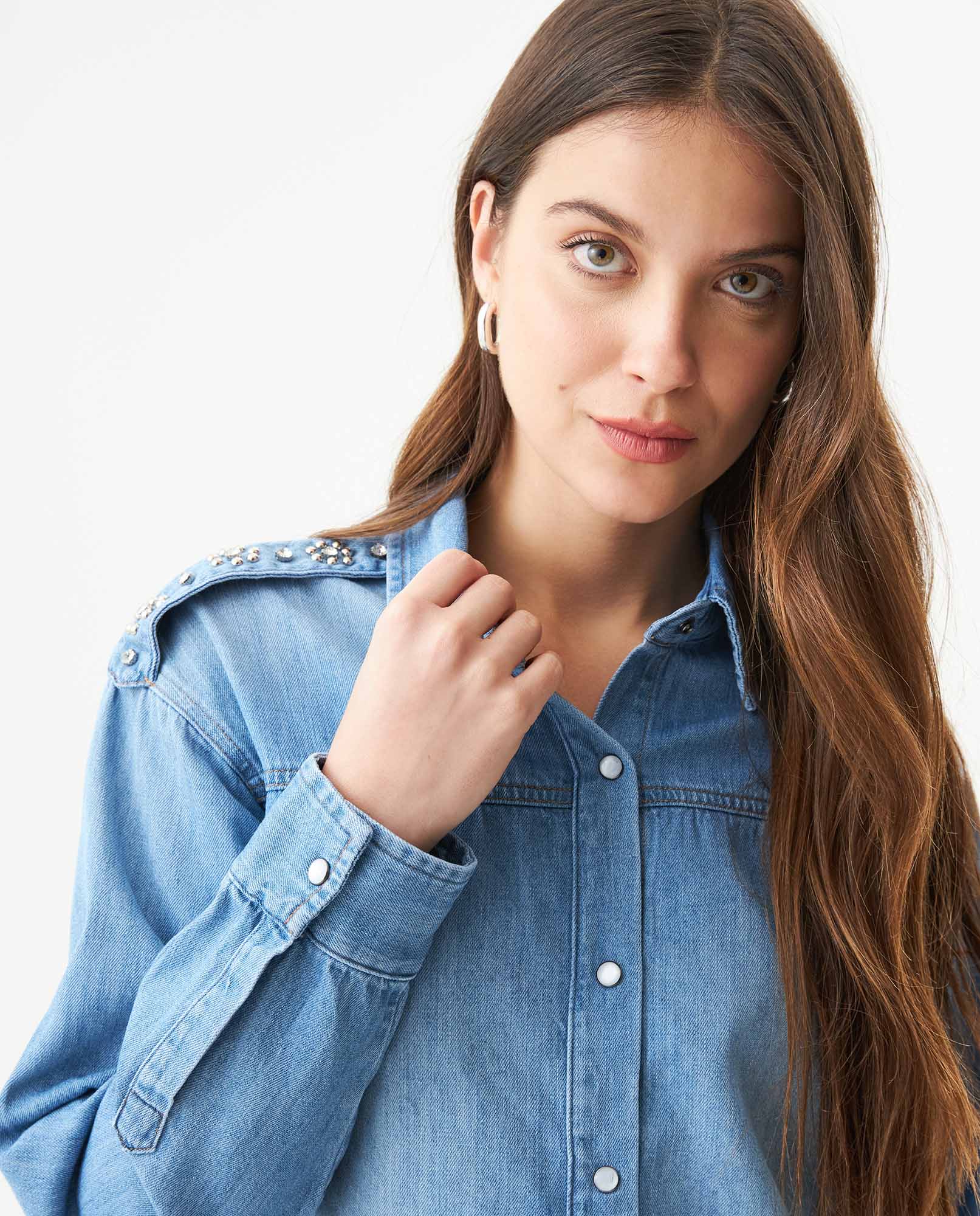 Women's Shoulder Strap Long Sleeve Denim Shirt in Cotton 419G002 - 4