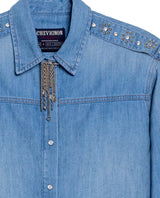 Women's Shoulder Strap Long Sleeve Denim Shirt in Cotton 419G002 - 7