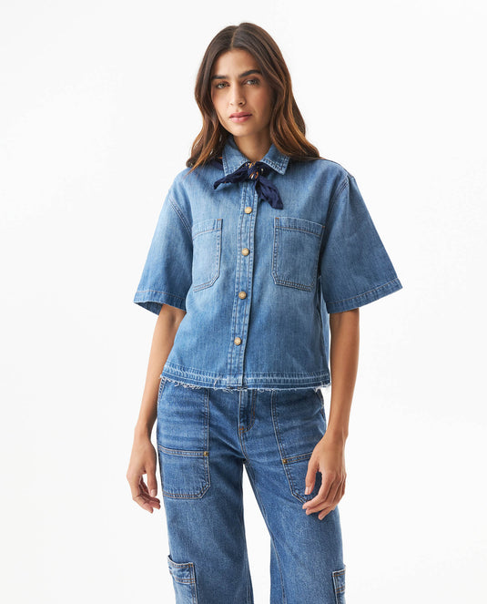 Women's Short Sleeve Denim Shirt with Bandana in Cotton 419G003 - 1