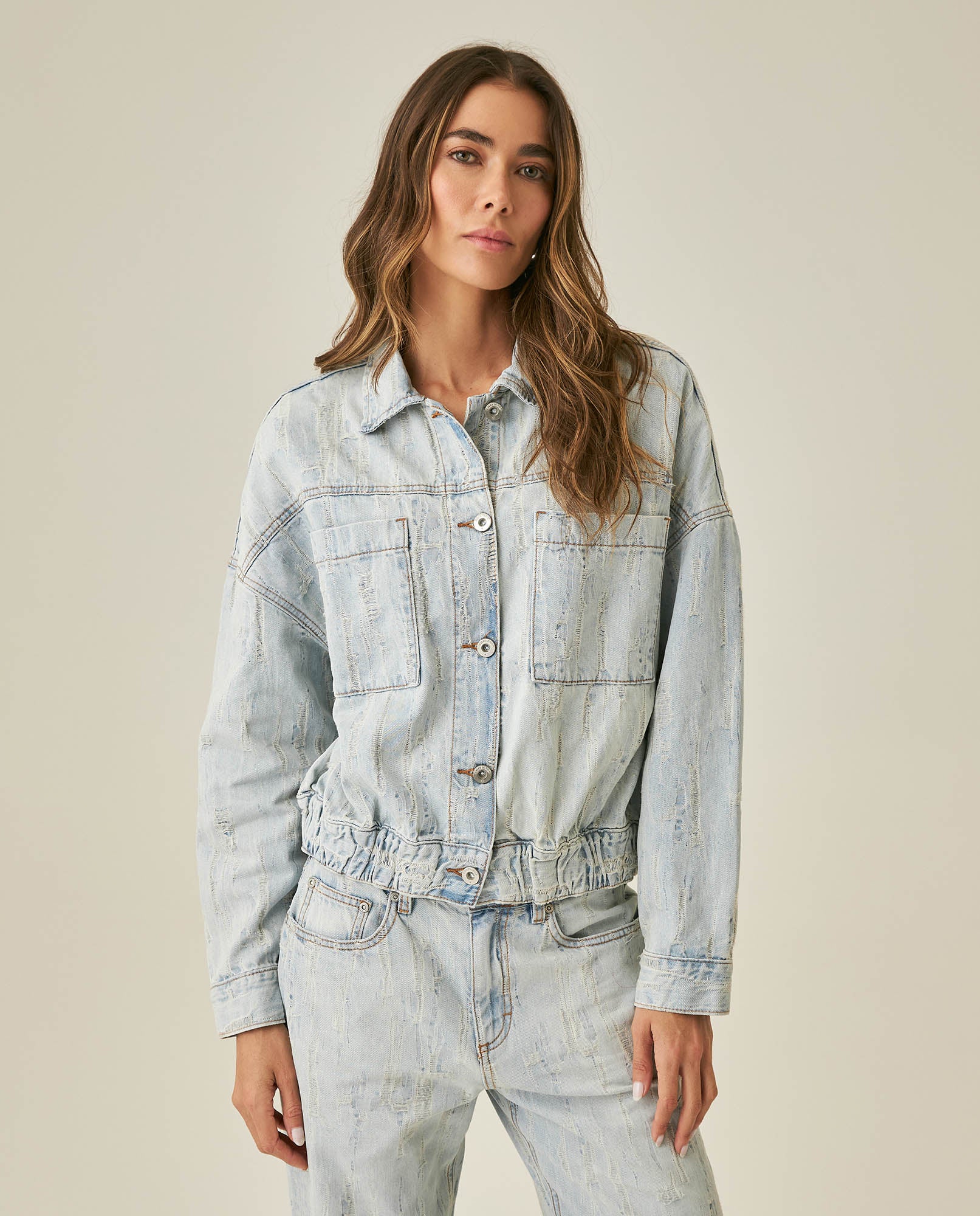 Womens Jacket Trucker Bomber Style Cotton Non-Stretch Light Wash Destroy Effect - Blue 63_421H001_AZU154020_0