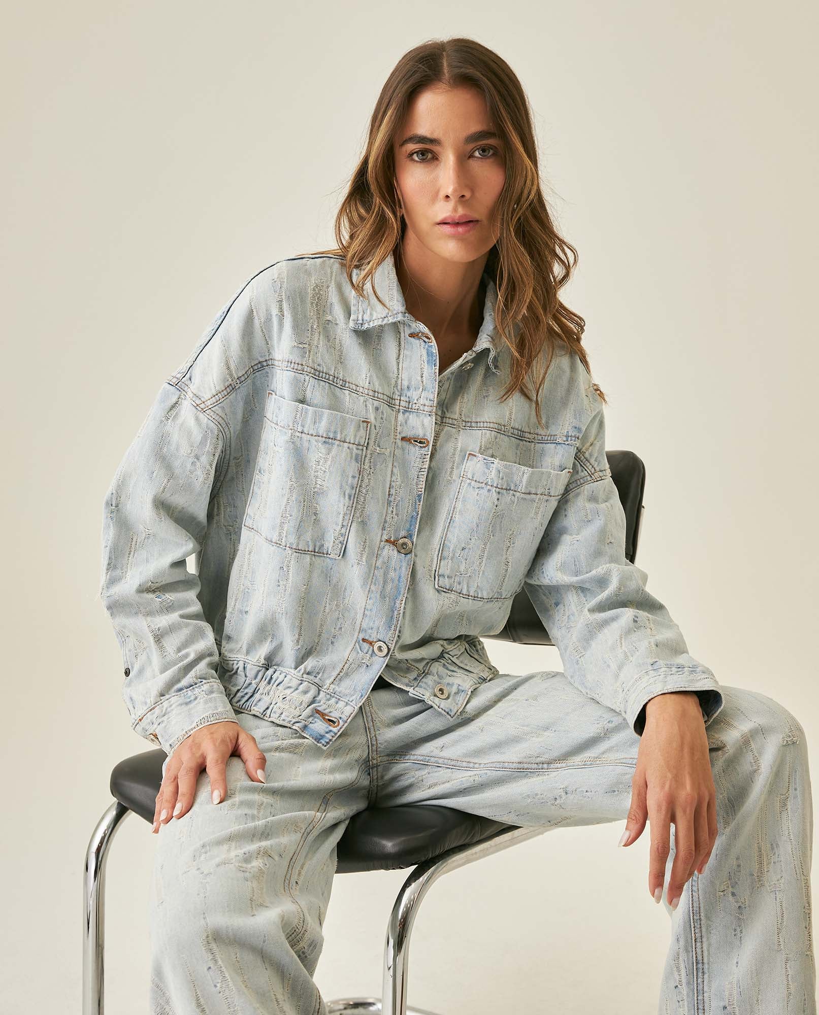 Womens Jacket Trucker Bomber Style Cotton Non-Stretch Light Wash Destroy Effect - Blue 63_421H001_AZU154020_4