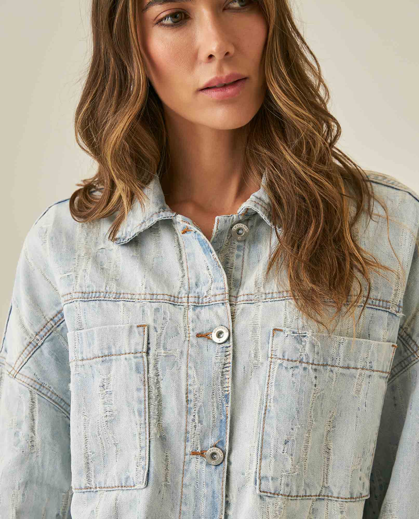 Womens Jacket Trucker Bomber Style Cotton Non-Stretch Light Wash Destroy Effect - Blue 63_421H001_AZU154020_5