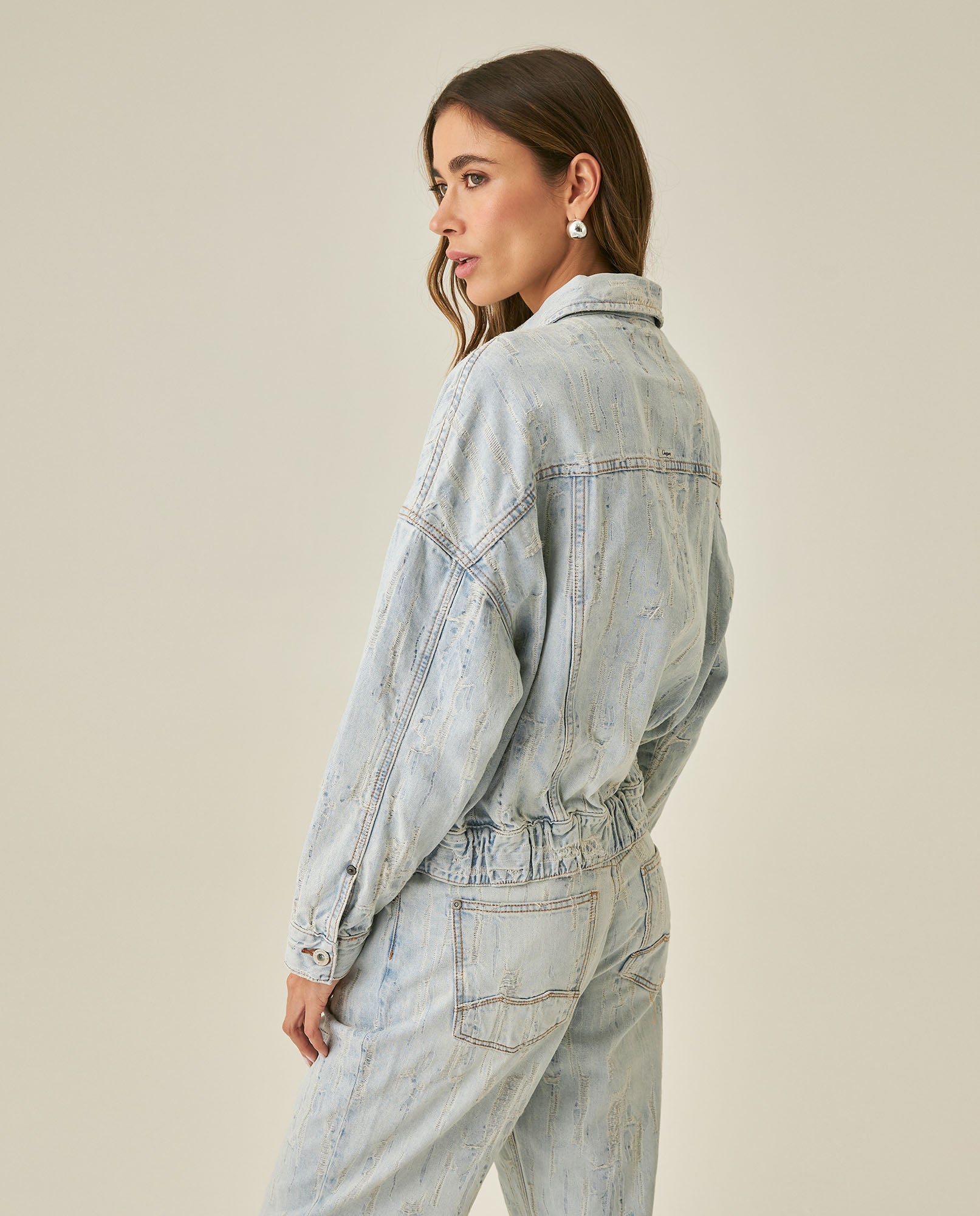 Womens Jacket Trucker Bomber Style Cotton Non-Stretch Light Wash Destroy Effect - Blue 63_421H001_AZU154020_6