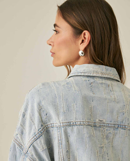 Womens Jacket Trucker Bomber Style Cotton Non-Stretch Light Wash Destroy Effect - Blue 63_421H001_AZU154020_7