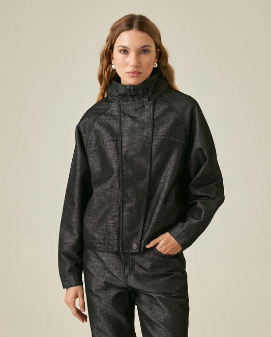 Womens Jacket High Collar Cotton Polyester Sheen Black Wash Mothers - Black 63_421H102_NEG194004_0