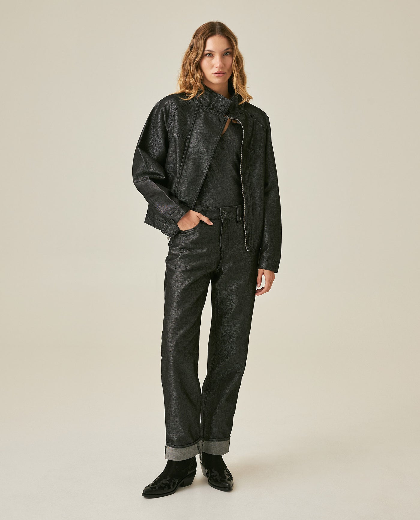 Womens Jacket High Collar Cotton Polyester Sheen Black Wash Mothers - Black 63_421H102_NEG194004_4