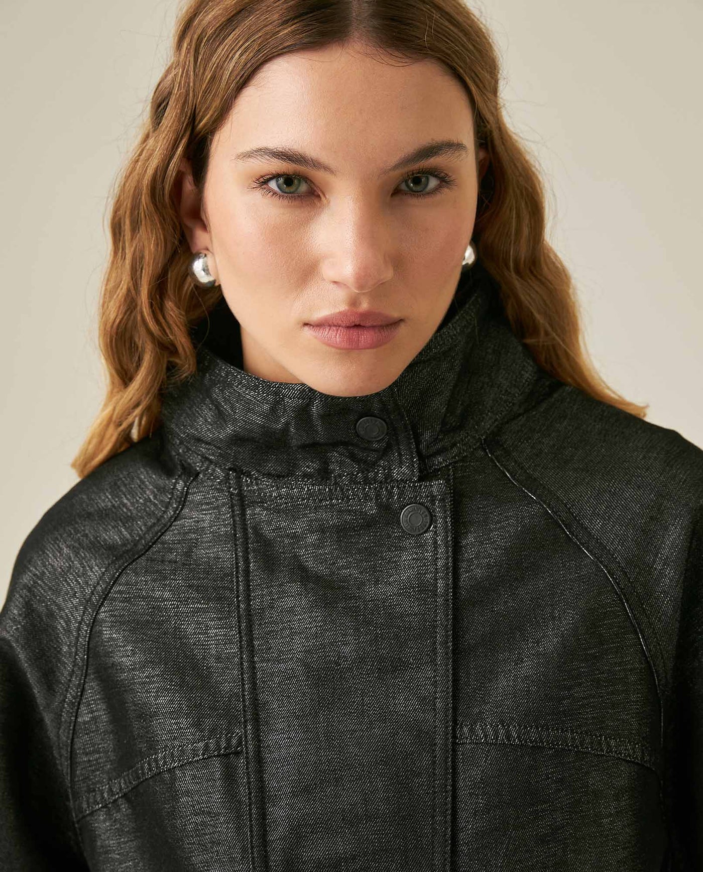 Womens Jacket High Collar Cotton Polyester Sheen Black Wash Mothers - Black 63_421H102_NEG194004_5