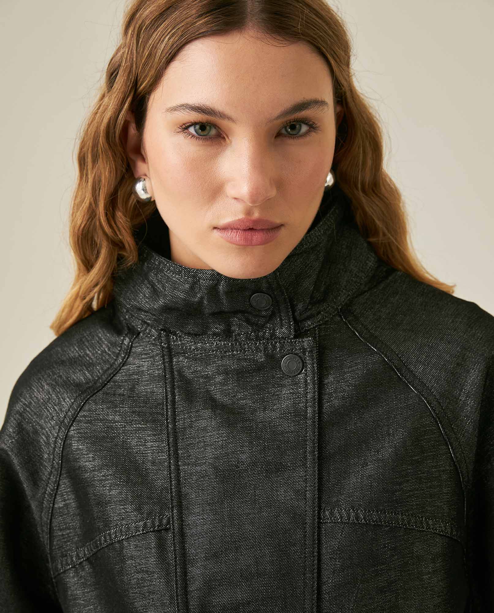 Womens Jacket High Collar Cotton Polyester Sheen Black Wash Mothers - Black 63_421H102_NEG194004_5
