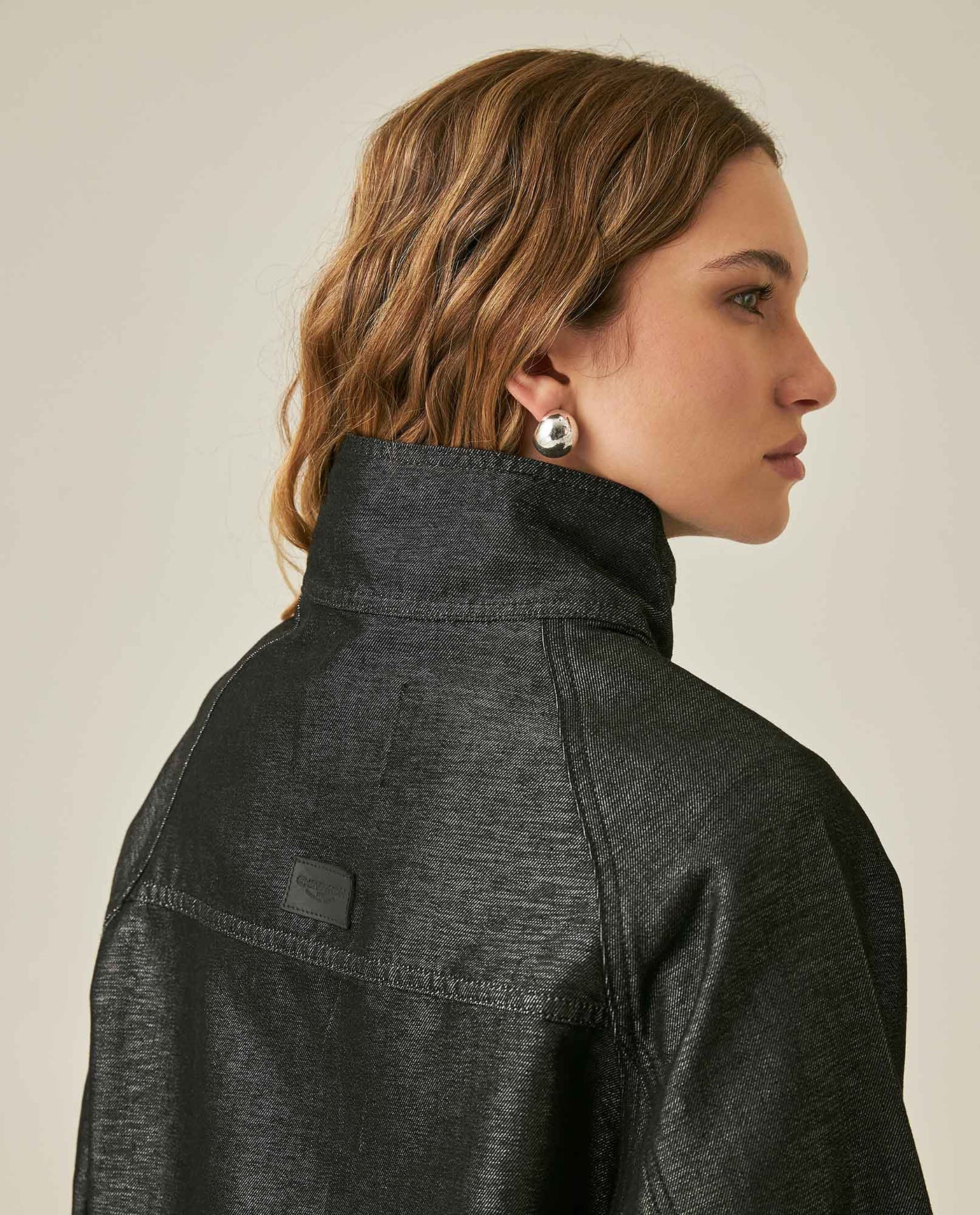 Womens Jacket High Collar Cotton Polyester Sheen Black Wash Mothers - Black 63_421H102_NEG194004_7