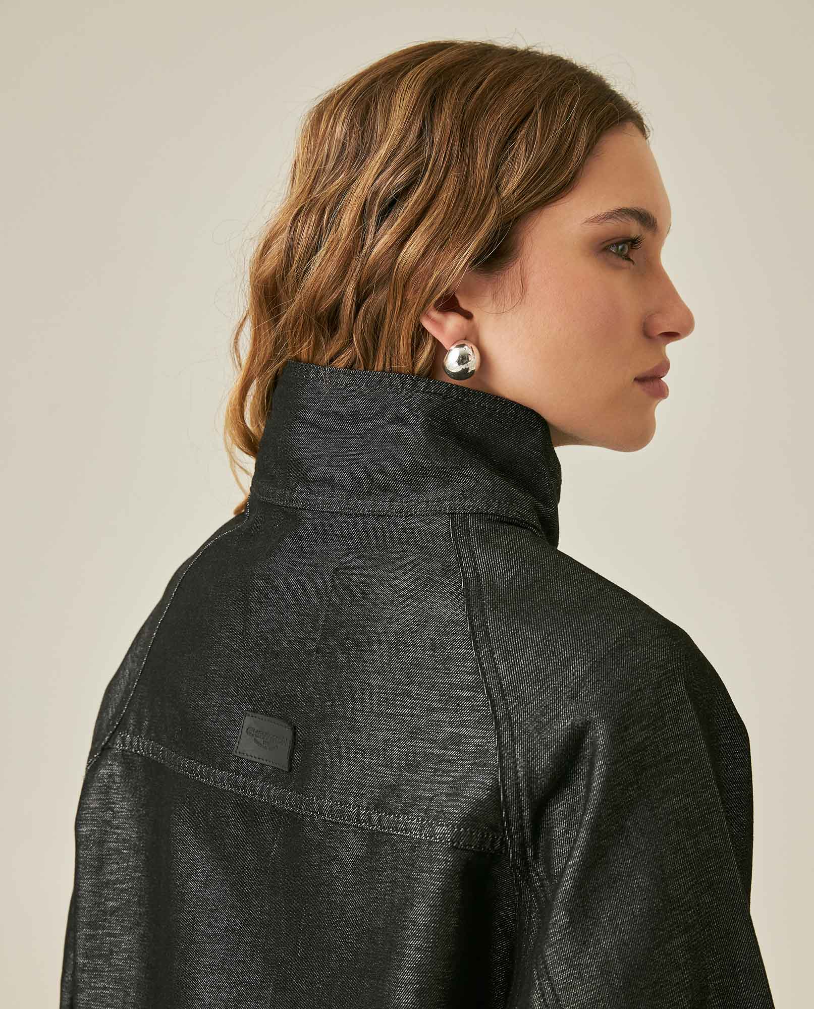 Womens Jacket High Collar Cotton Polyester Sheen Black Wash Mothers - Black 63_421H102_NEG194004_7