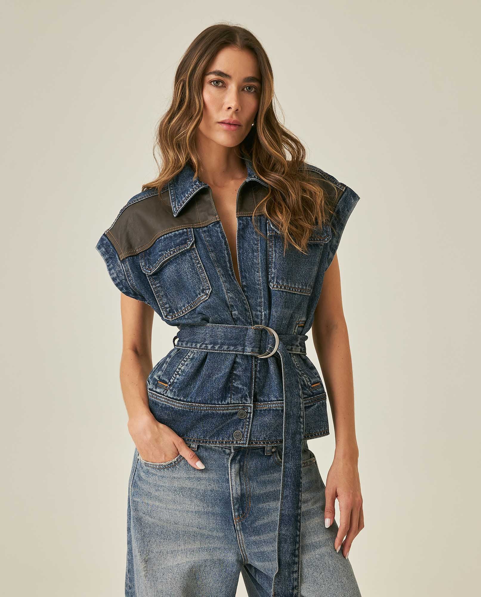 Womens Heritage Vest Cotton Lyocell Dark Wash Leather Yokes Integrated Belt - Blue 63_421H450_AZU184140_0