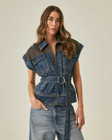 Womens Heritage Vest Cotton Lyocell Dark Wash Leather Yokes Integrated Belt - Blue 63_421H450_AZU184140_0