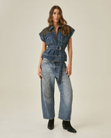 Womens Heritage Vest Cotton Lyocell Dark Wash Leather Yokes Integrated Belt - Blue 63_421H450_AZU184140_4