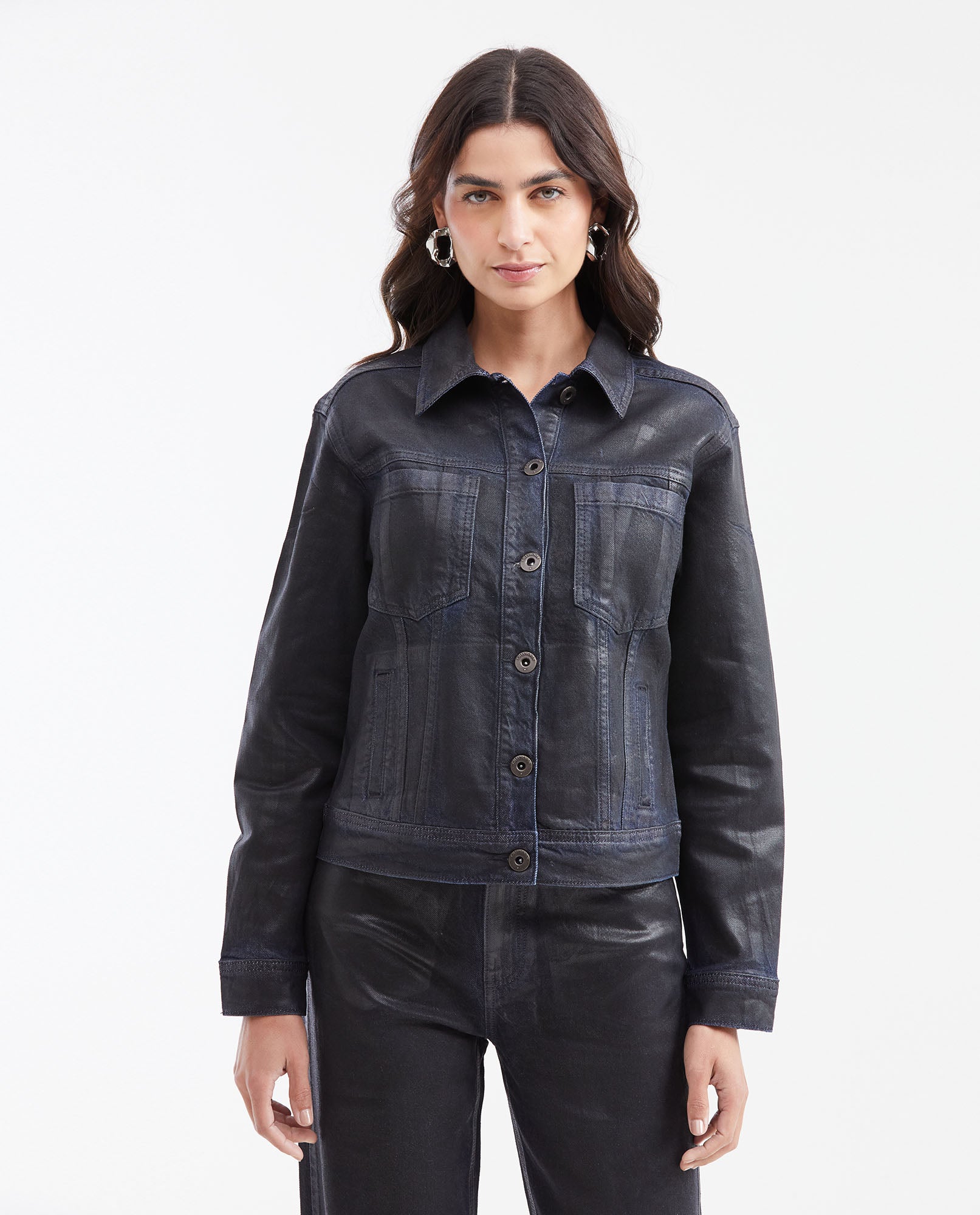 Light Blue Denim Jacket with Resin Effect Straight Fit for Women - Blue 422G001 - 1