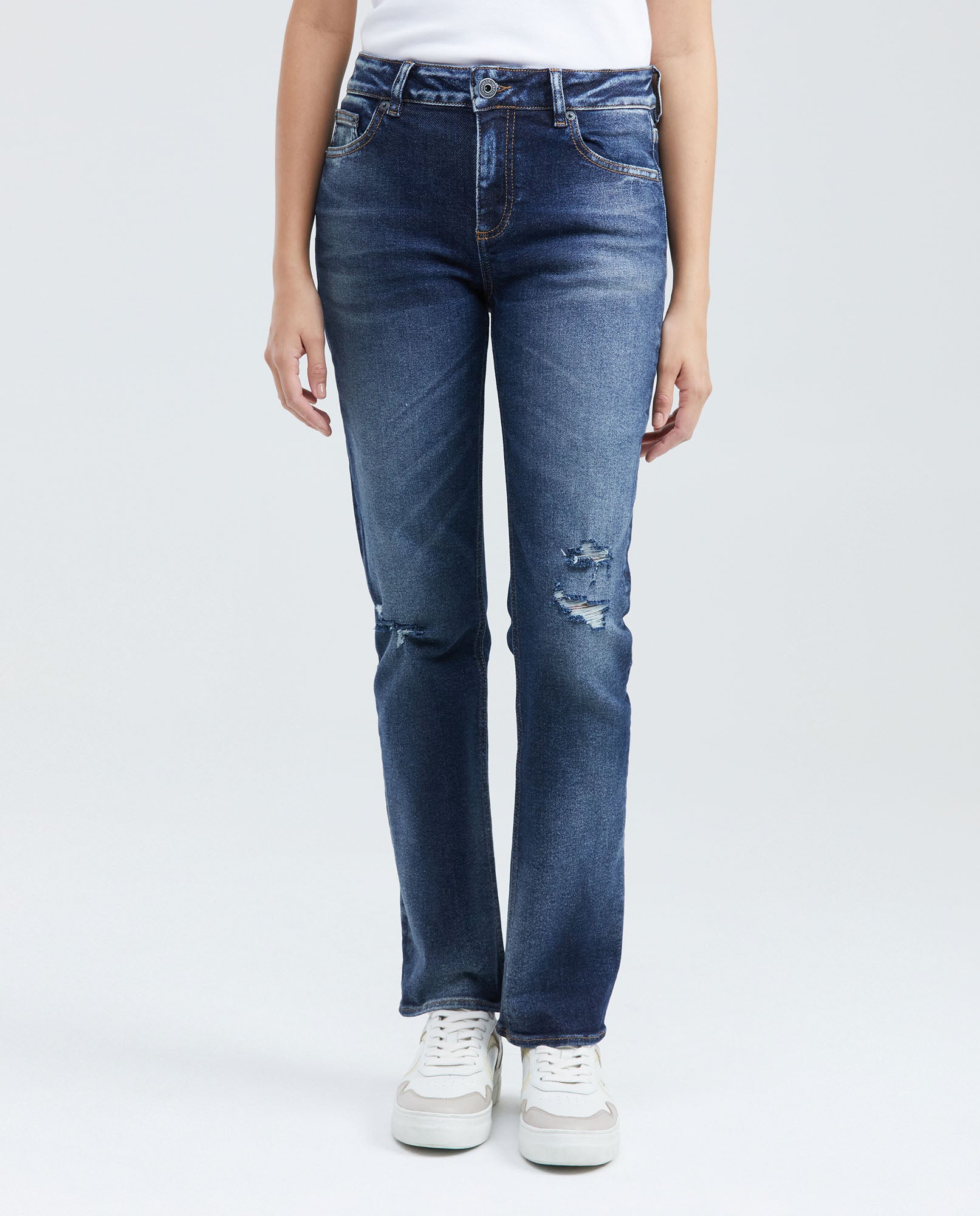 Women's Cosmo Jeans High-Rise Bootcut Dark Wash Rips Green Contrast Double Recycled 431G012 - 1