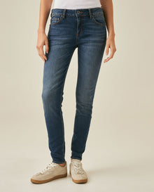 Womens Jeans Skinny Fit Low Rise Cotton Recycled Polyester Elastane Dark Wash Subtle Knee Distressing Whiskering - Blue 63_431H004_AZU194052_0