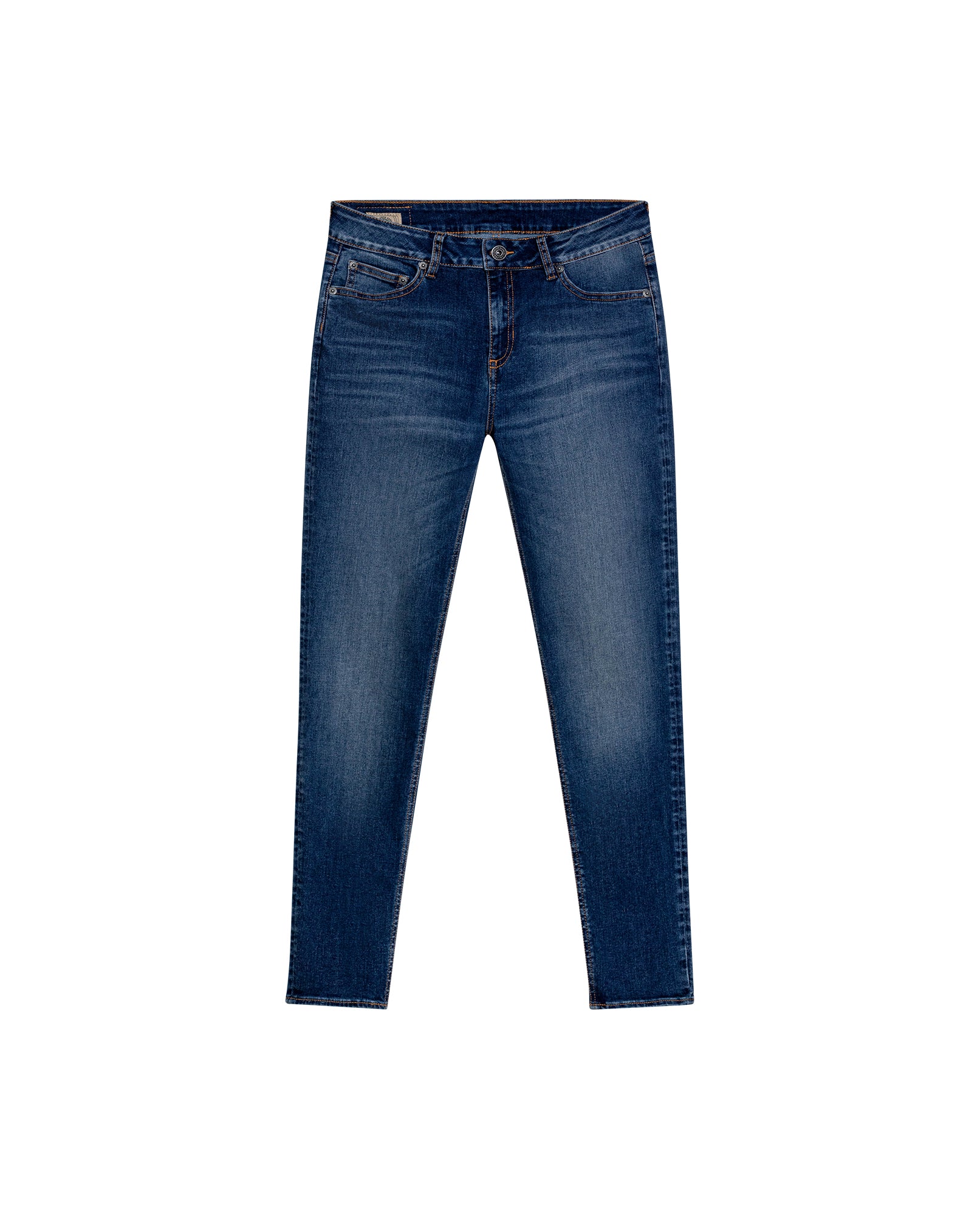 Womens Jeans Skinny Fit Low Rise Cotton Recycled Polyester Elastane Dark Wash Subtle Knee Distressing Whiskering - Blue 63_431H004_AZU194052_3