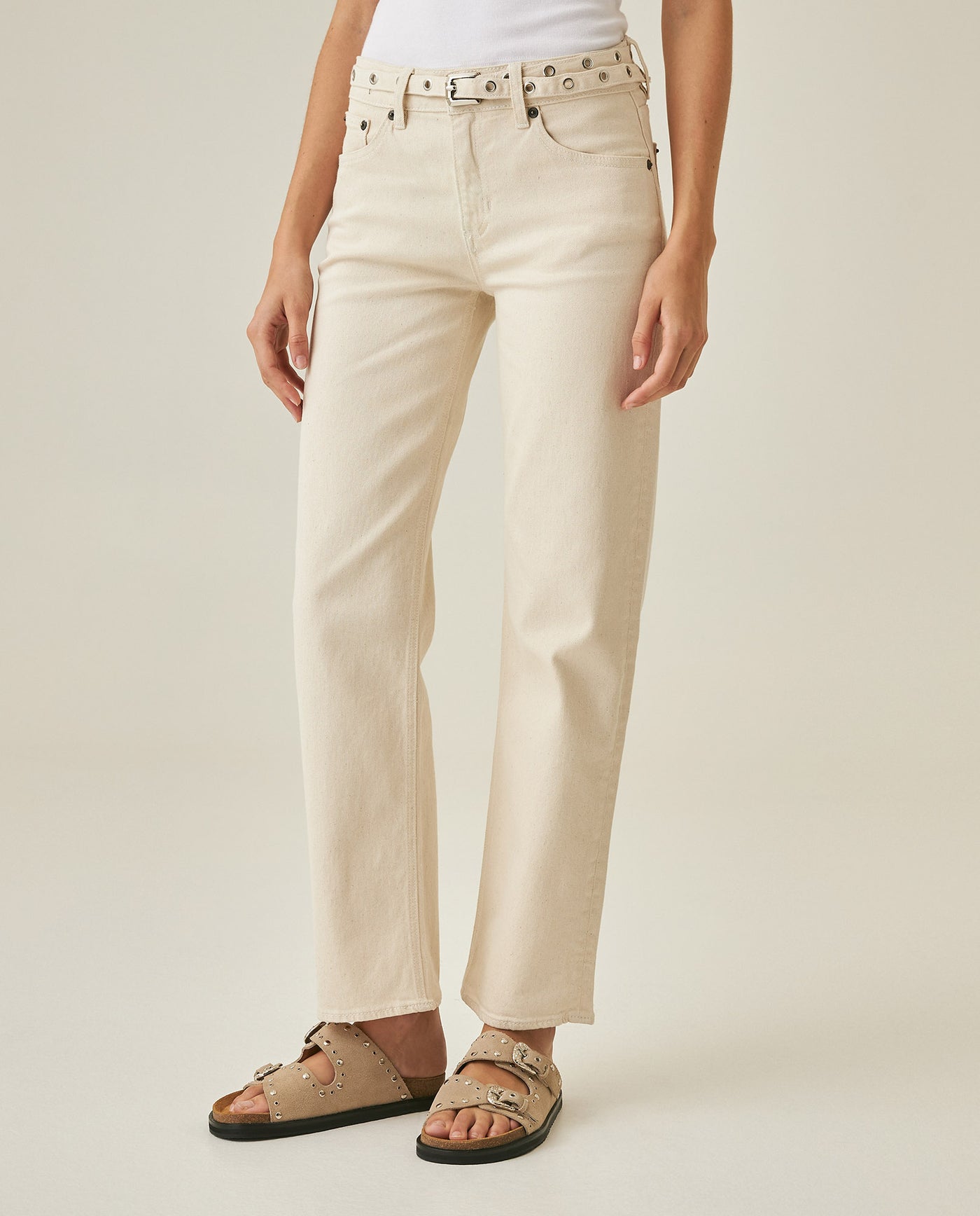 Womens Jeans Straight Relaxed Fit High Rise Cotton Comfort Raw Ivory Wash Included Belt - Raw 63_431H007_CRU134403_0