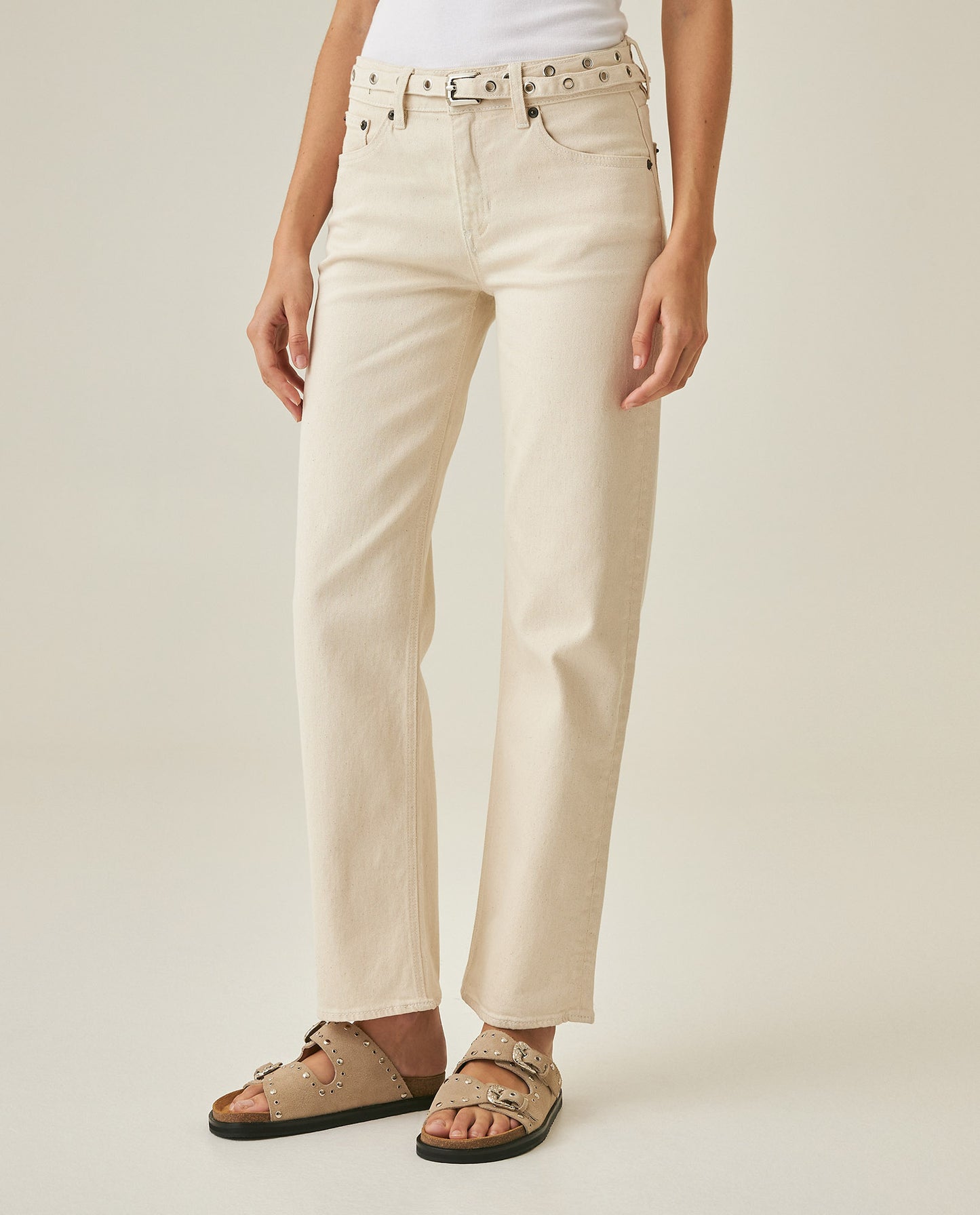 Womens Jeans Straight Relaxed Fit High Rise Cotton Comfort Raw Ivory Wash Included Belt - Raw 63_431H007_CRU134403_0