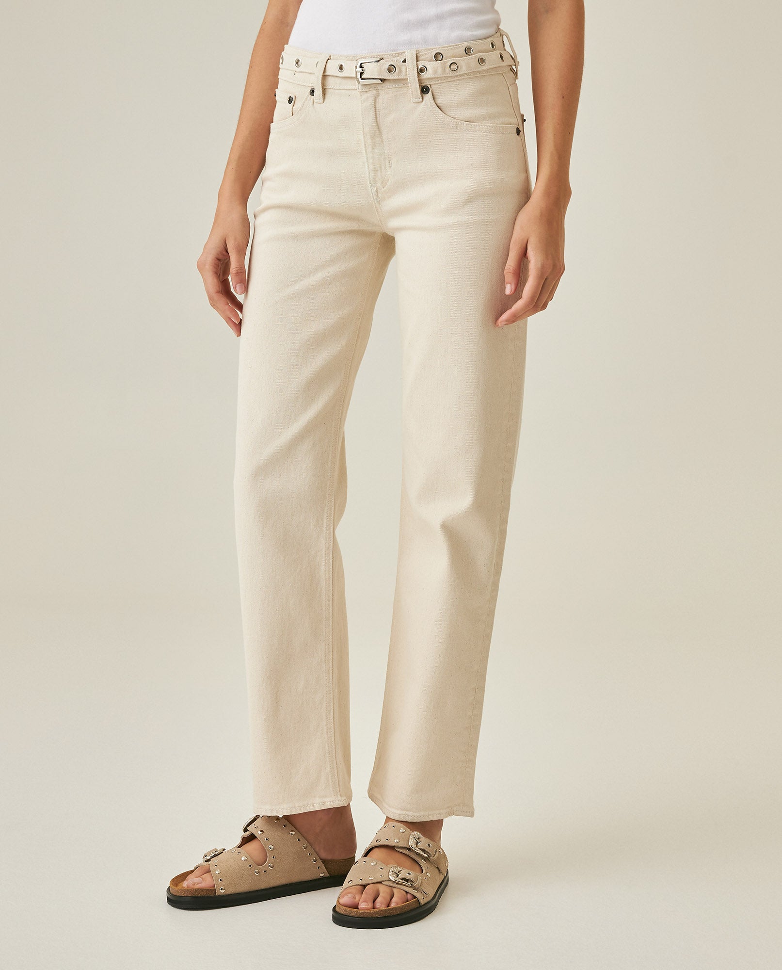 Womens Jeans Straight Relaxed Fit High Rise Cotton Comfort Raw Ivory Wash Included Belt - Raw 63_431H007_CRU134403_0