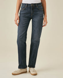 Womens Jeans Straight Relaxed Fit High Rise Cotton–Elastane Comfort Dark Wash Embroidered Logo - Blue 63_431H009_AZU194052_0