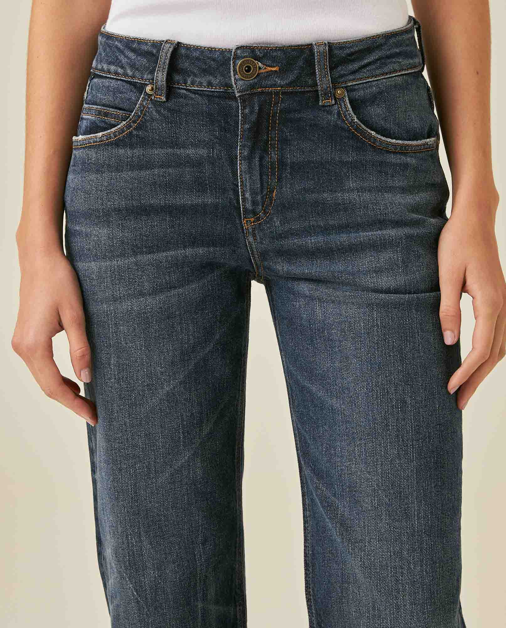 Womens Jeans Straight Relaxed Fit High Rise Cotton–Elastane Comfort Dark Wash Embroidered Logo - Blue 63_431H009_AZU194052_5