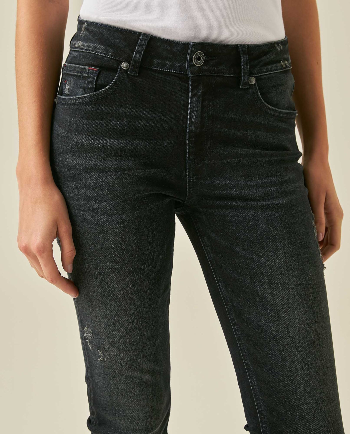 Womens Jeans Skinny Fit Mid Rise Cotton–Elastane Dark Wash Destroyer Effect Whiskering - Blue 63_431H010_AZU194052_5