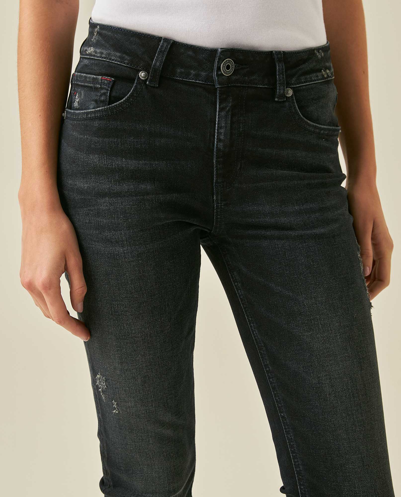 Womens Jeans Skinny Fit Mid Rise Cotton–Elastane Dark Wash Destroyer Effect Whiskering - Blue 63_431H010_AZU194052_5