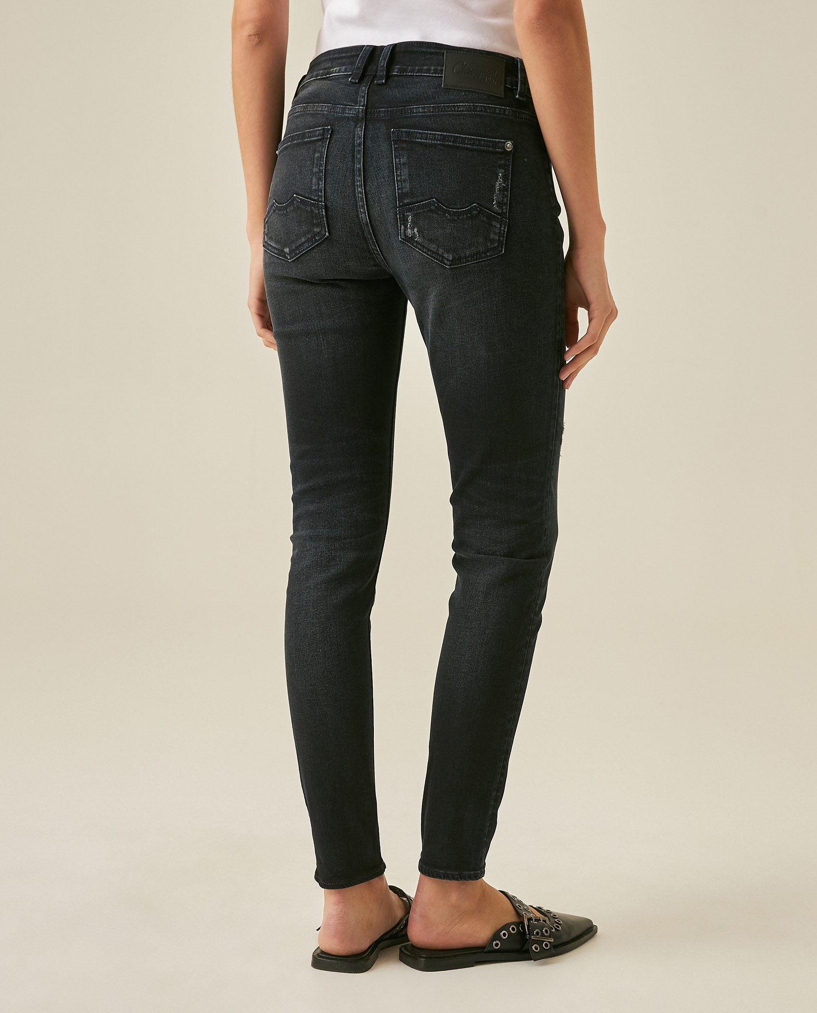 Womens Jeans Skinny Fit Mid Rise Cotton–Elastane Dark Wash Destroyer Effect Whiskering - Blue 63_431H010_AZU194052_6
