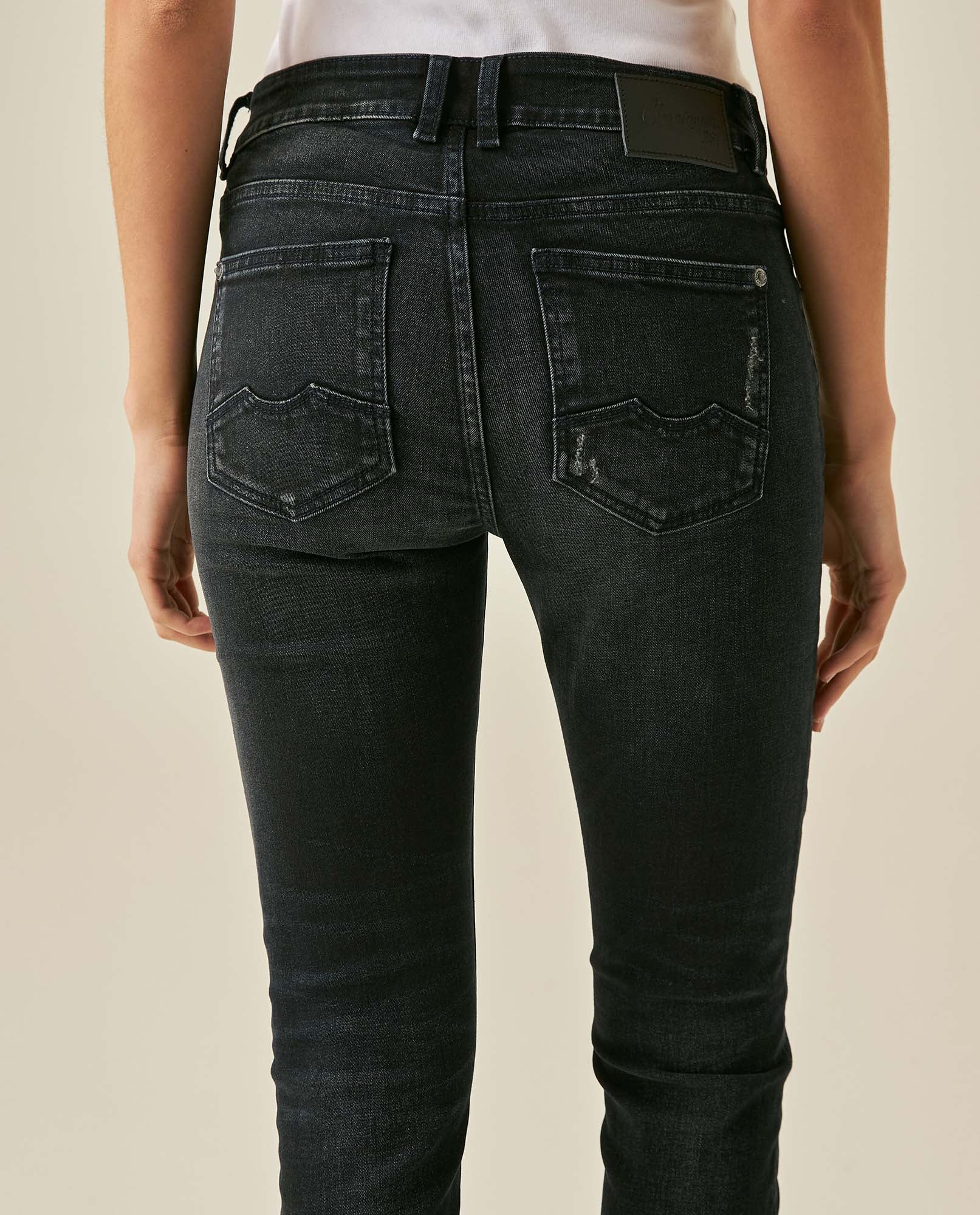 Womens Jeans Skinny Fit Mid Rise Cotton–Elastane Dark Wash Destroyer Effect Whiskering - Blue 63_431H010_AZU194052_7