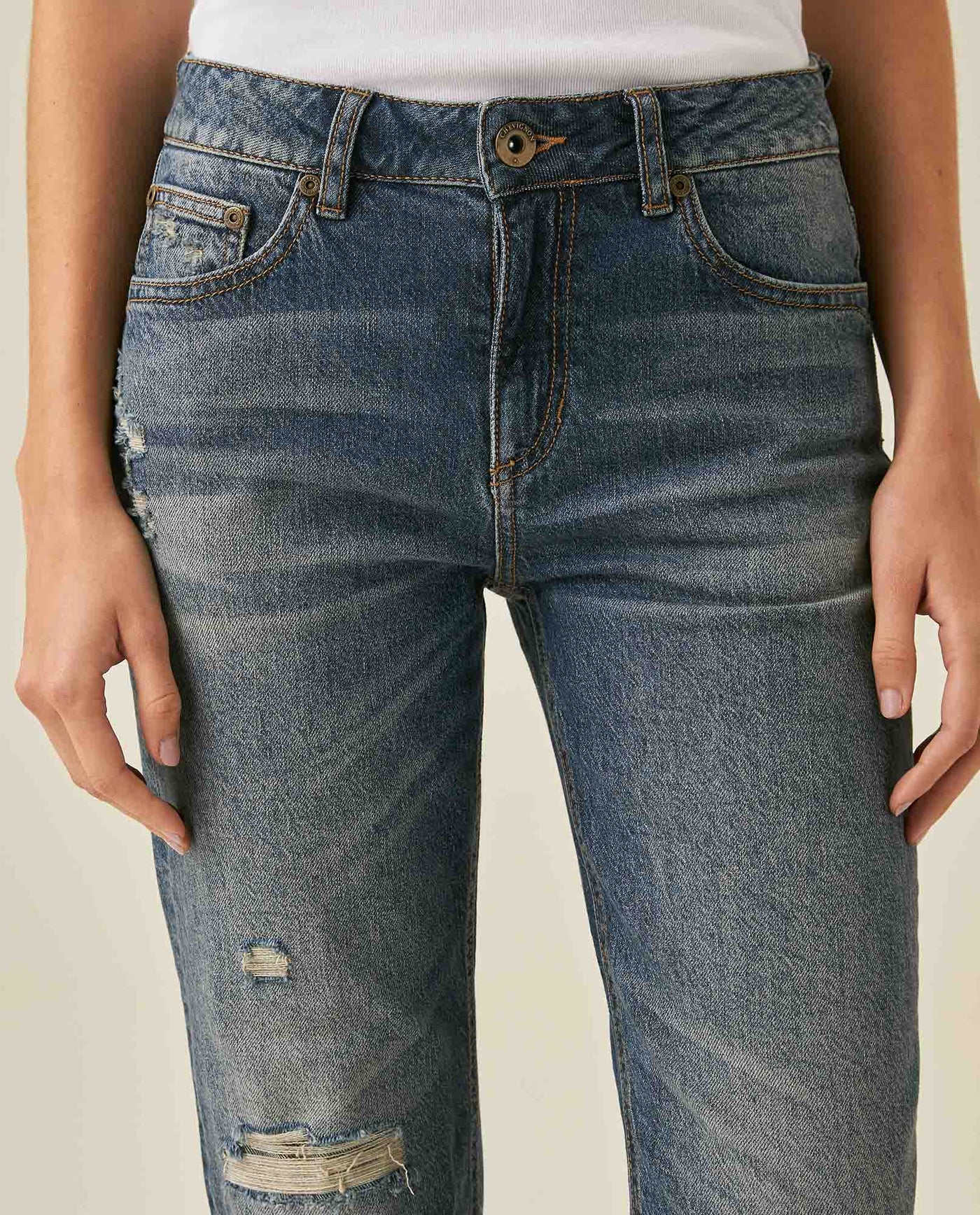 Womens Jeans New Skinny Bootcut High Rise Cotton–Tencel Blend Medium Wash Rips Artisan Repairs - Blue 63_431H011_AZU184140_5