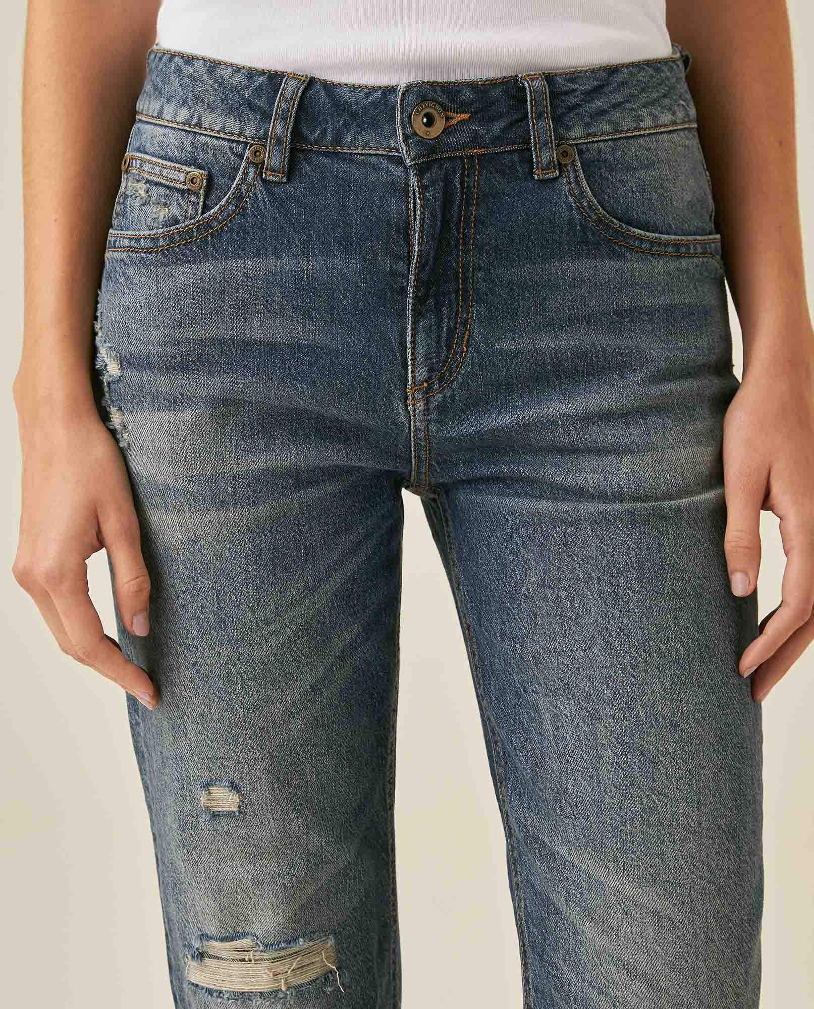 Womens Jeans New Skinny Bootcut High Rise Cotton–Tencel Blend Medium Wash Rips Artisan Repairs - Blue 63_431H011_AZU184140_5
