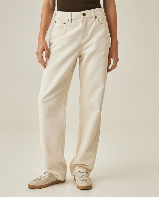 Womens Jeans Straight Relaxed Fit High Rise Cotton–Lyocell Herringbone Texture Raw Ivory Wash - Raw 63_431H013_CRU134403_0