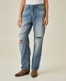 Womens Jeans Boy Fit Bootcut Mid Rise Cotton–Lyocell Medium Wash Rips Subtle Distressing - Blue 63_431H014_AZU184140_0