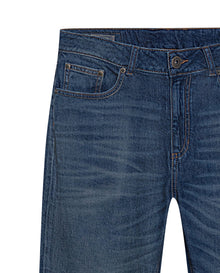 Womens Jeans Boy Fit Tapered Leg Mid Rise Cotton–Tencel Blend Dark Wash Subtle Distressing - Blue 63_431H015_AZU194052_3