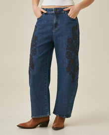 Womens Jeans Special Fit Barrel Super High Rise Cotton Comfort Dark Wash Floral Embroidery - Blue 63_431H018_AZU194052_0