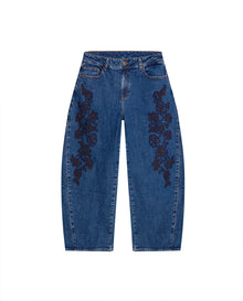 Womens Jeans Special Fit Barrel Super High Rise Cotton Comfort Dark Wash Floral Embroidery - Blue 63_431H018_AZU194052_3